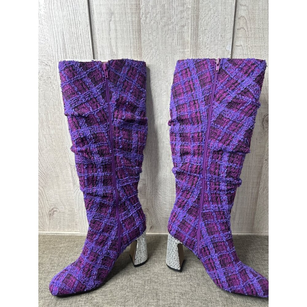 Betsey Johnson Womens 6.5 Purple Tweed Plaid Knee High Boots w/ Rhinestone Heels - Picture 9 of 12